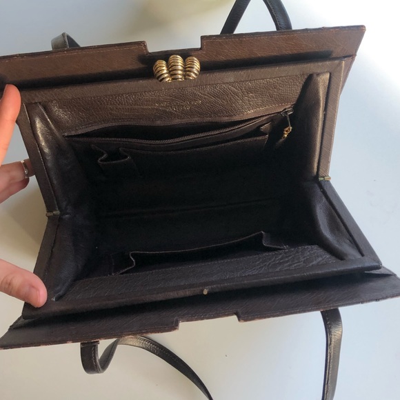 sophisticated chocolate brown leather hard shell shoulder/hand bag - Picture 12 of 16